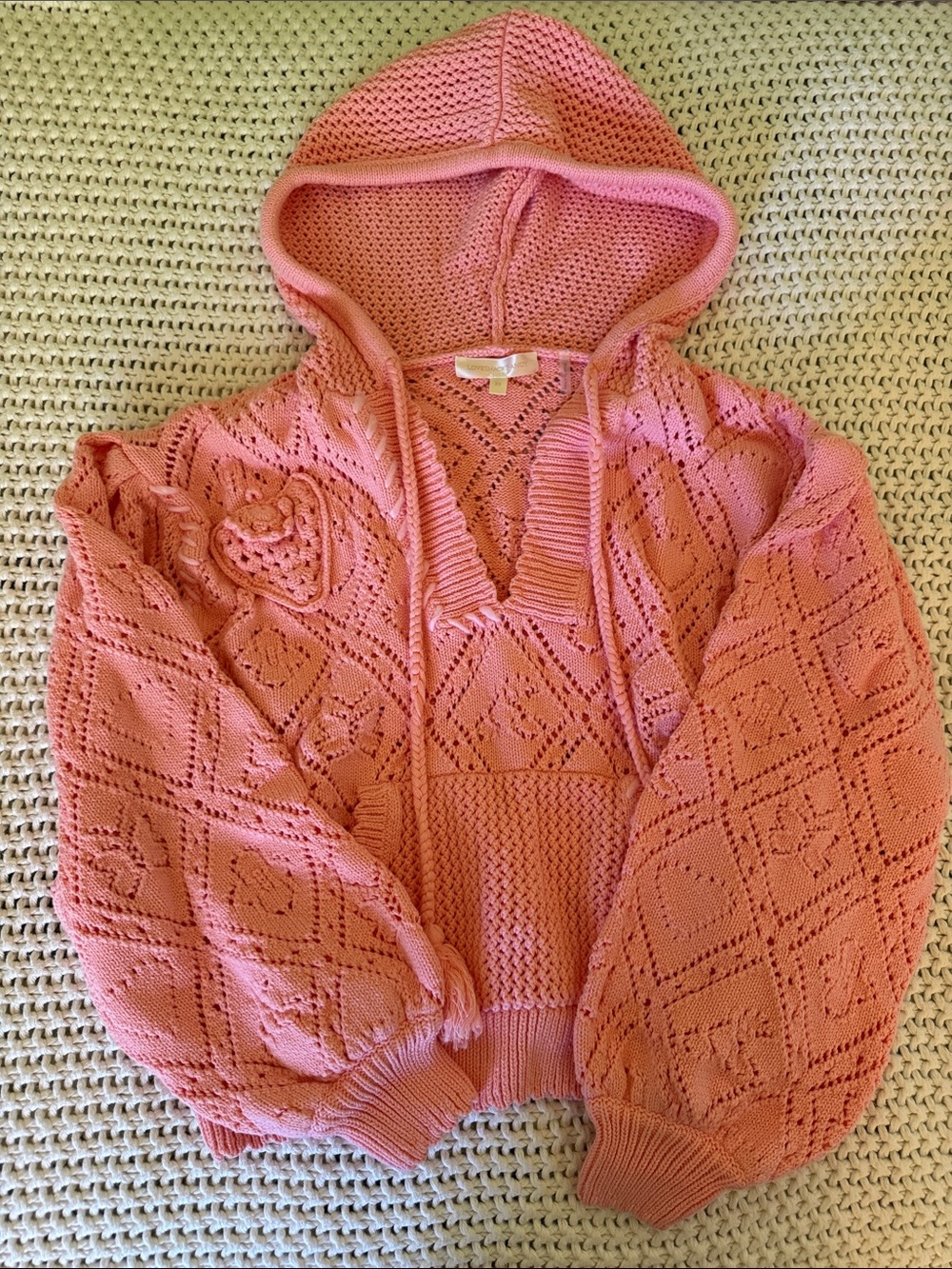 LoveShackFancy Pink/Peach Knit Hooded Pullover Sweater